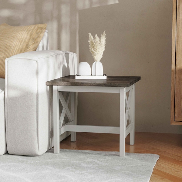Flash Furniture Square 21.75 W, 21.75 L, Rubberwood (Parawood), Acacia Gray Top/Rustic White Frame LFS-4002-GRYWHT-GG - main
